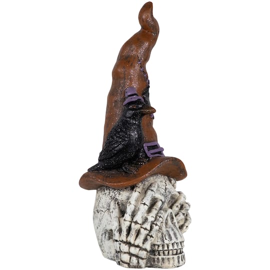 22.75" Skull in Witches Hat with Crow Halloween Decoration